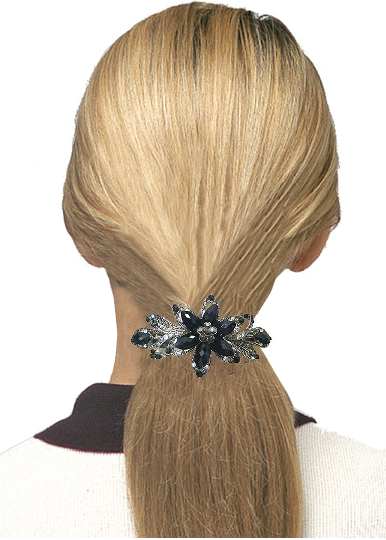 Bella Large Flower Barrette Sparkly Crystals French Clasp Thick Hair Hairclip U86012-0014