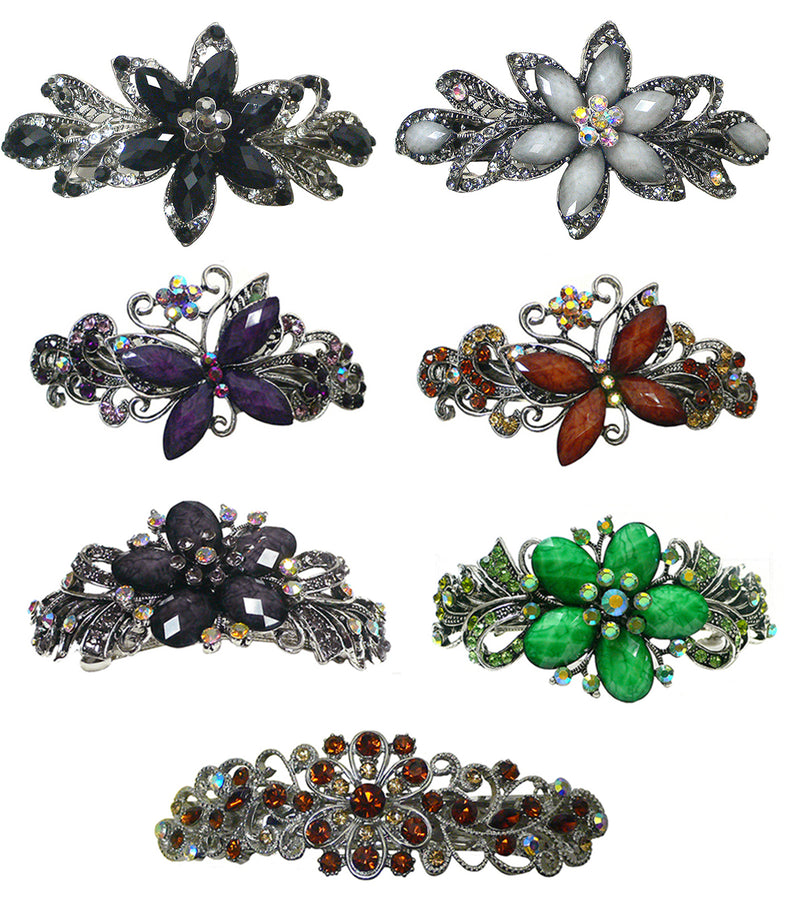 Bella Set of 7 Large Barrettes Combo 4 Styles Sparkly Crystal Barrettes 0053-7