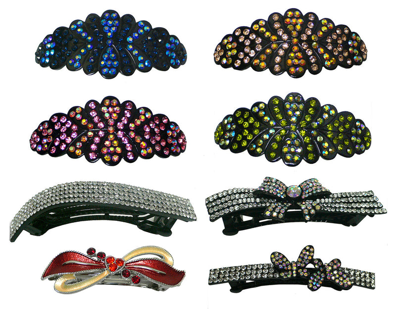 Set of 8, 8 Count, Crystal Barrettes Combo 5 Styles French Clip NM2BFYY012-4001b-8