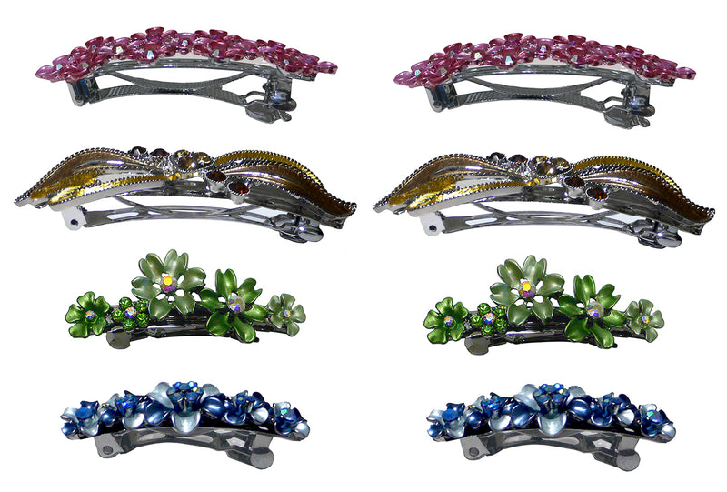 Set of 8 Crystal Barrettes Combo 4 Styles French Clip Hand Painted Barrettes 4 Pair NF500/YY1/12//GL10-NF1
