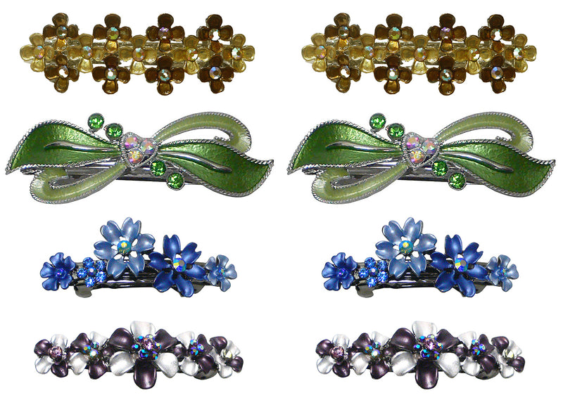 Set of 8 Crystal Barrettes Combo 4 Styles French Clip Hand Painted Barrettes 4 Pair NF500/YY1/12//GL10-NF1