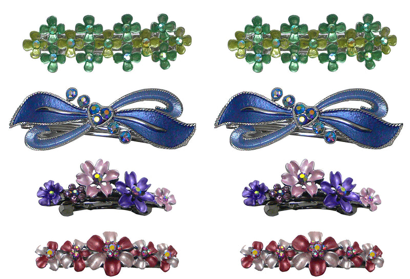 Set of 8 Crystal Barrettes Combo 4 Styles French Clip Hand Painted Barrettes 4 Pair NF500/YY1/12//GL10-NF1