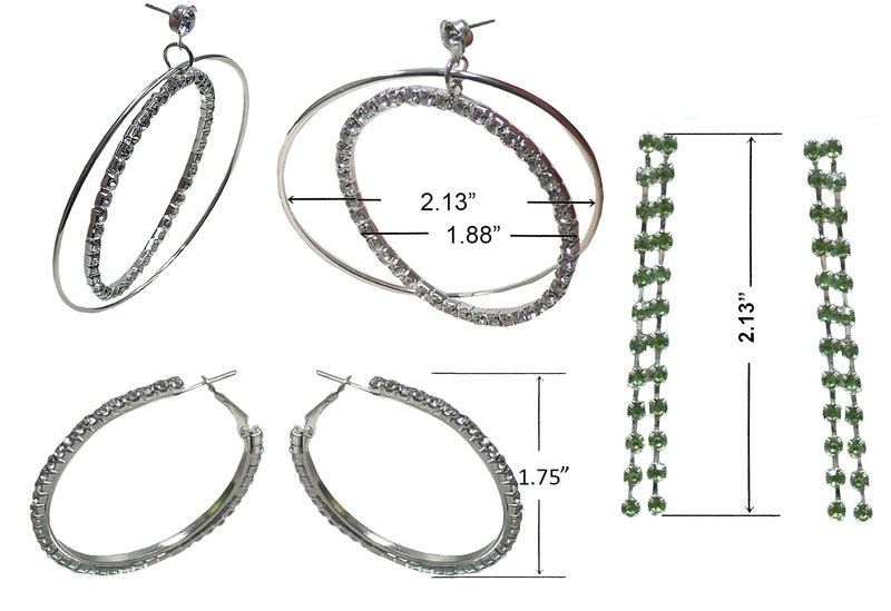 Set of 3 Pairs of Earrings 3 Unique Styles Crystal Double Hoops Mid Size Crystal Hoop 3rd pr Dangle Earrings8131