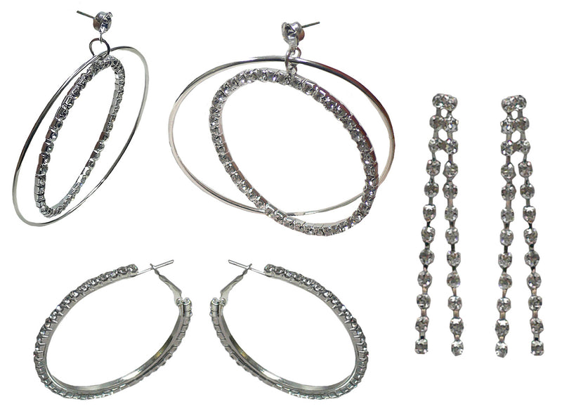 Set of 3 Pairs of Earrings 3 Unique Styles Crystal Double Hoops Mid Size Crystal Hoop 3rd pr Dangle Earrings8131