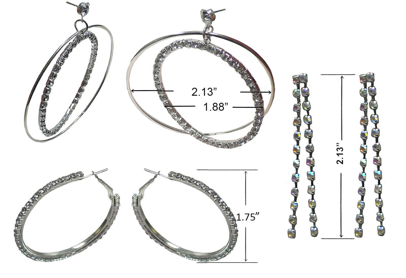 Set of 3 Pairs of Earrings 3 Unique Styles Crystal Double Hoops Mid Size Crystal Hoop 3rd pr Dangle Earrings8131