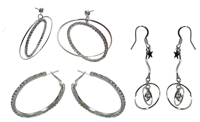 Set of 3 Pairs of Earrings 3 Unique Styles Crystal Double Hoops Small Mid Size Crystal Hoop 3rd pr Dangle 8132