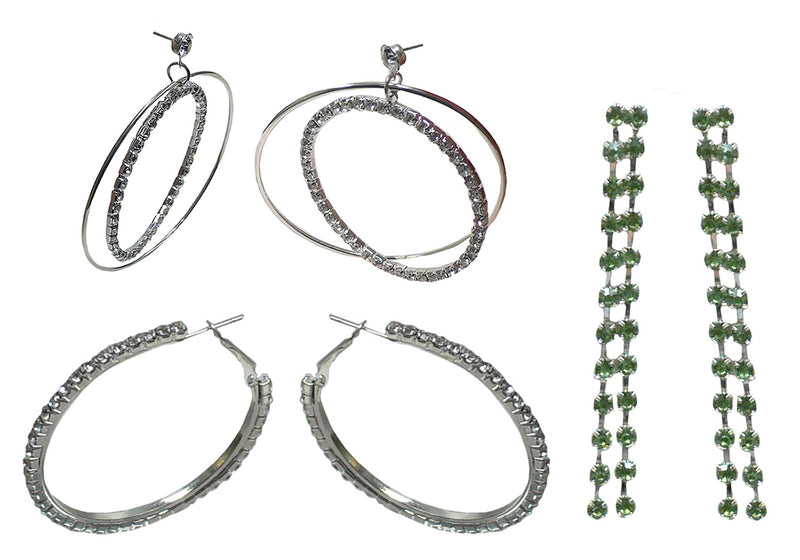 Set of 3 Pairs of Earrings 3 Unique Styles Crystal Double Hoops Small Mid Size Crystal Hoop 3rd pr Dangle 8132