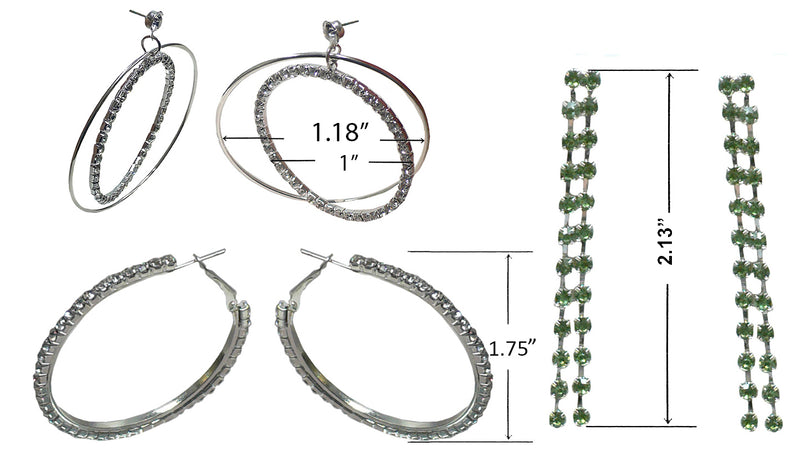 Set of 3 Pairs of Earrings 3 Unique Styles Crystal Double Hoops Small Mid Size Crystal Hoop 3rd pr Dangle 8132