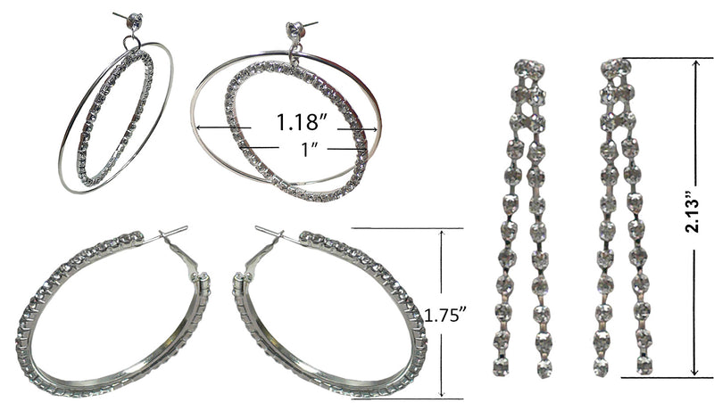 Set of 3 Pairs of Earrings 3 Unique Styles Crystal Double Hoops Small Mid Size Crystal Hoop 3rd pr Dangle 8132