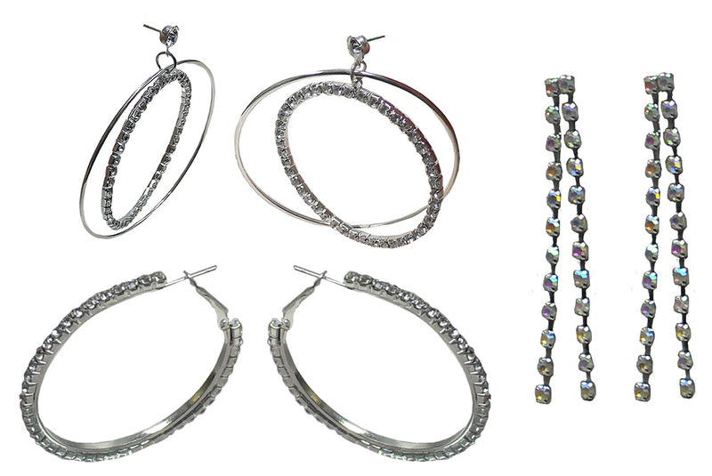 Set of 3 Pairs of Earrings 3 Unique Styles Crystal Double Hoops Small Mid Size Crystal Hoop 3rd pr Dangle 8132