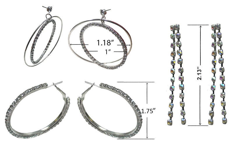 Set of 3 Pairs of Earrings 3 Unique Styles Crystal Double Hoops Small Mid Size Crystal Hoop 3rd pr Dangle 8132