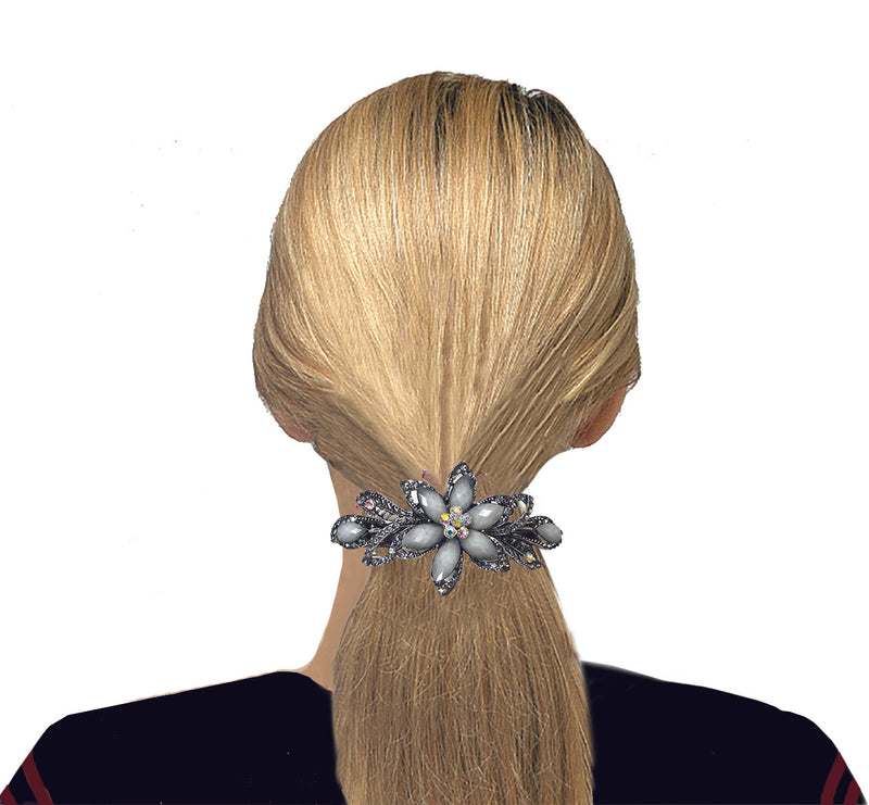 Bella Large Flower Barrette Sparkly Crystals French Clasp Thick Hair Hairclip U86012-0014