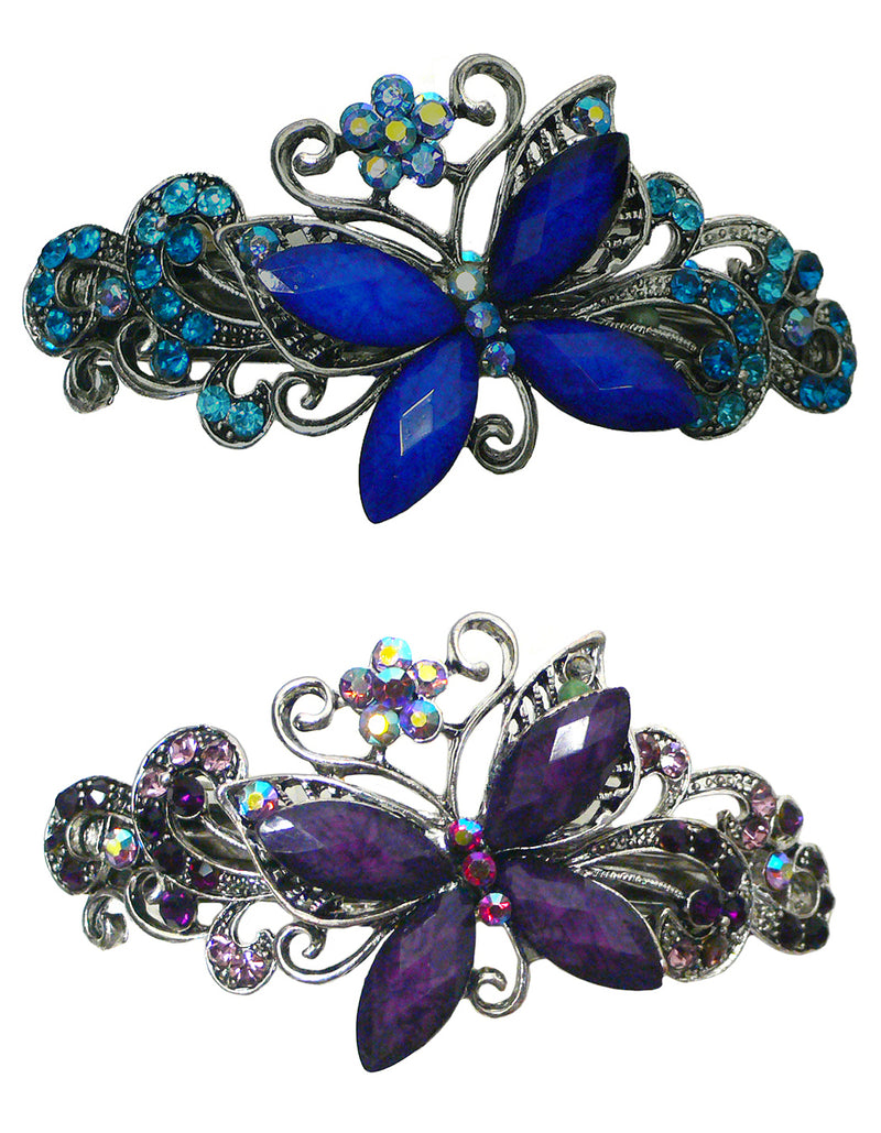 Bella Set of 2 Large Butterfly Barrettes Sparkly Crystals French Clasp U86800-0053-2