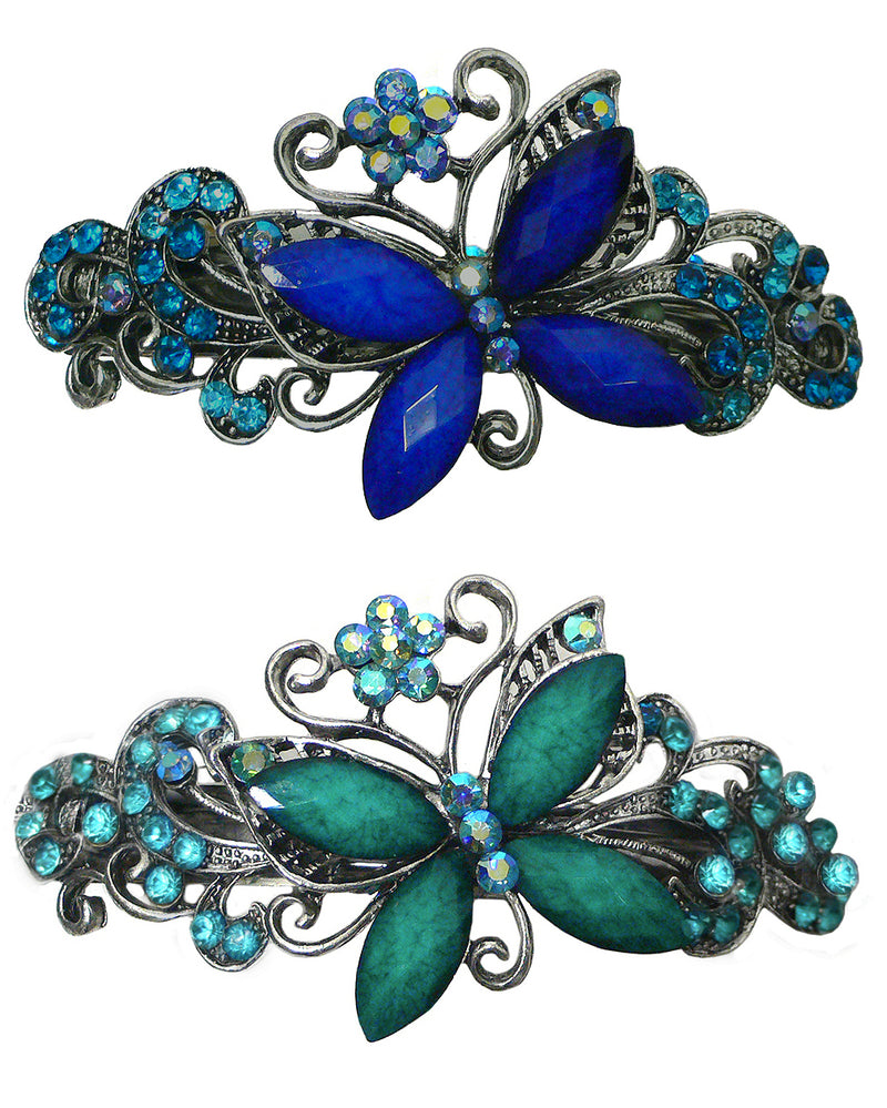 Bella Set of 2 Large Butterfly Barrettes Sparkly Crystals French Clasp U86800-0053-2