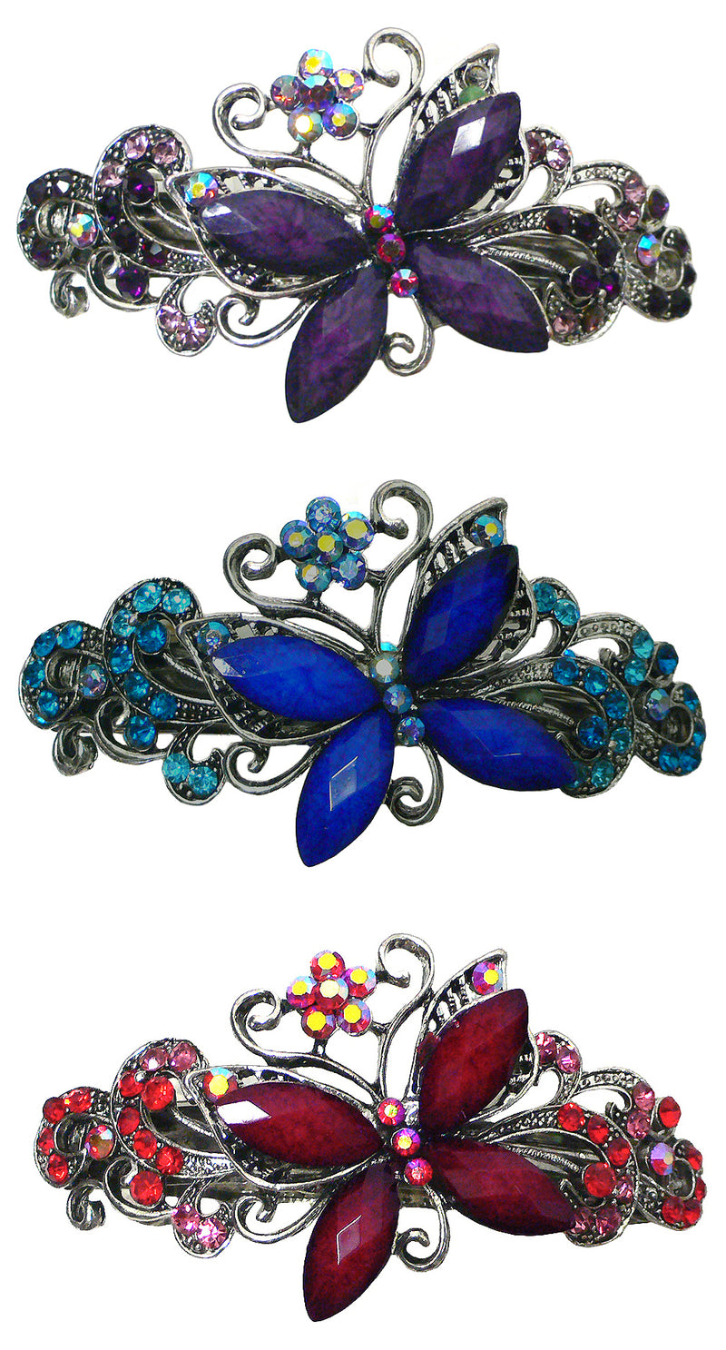 Bella Set of 3 Large Butterfly Barrettes Sparkly Crystals French Clasp U86800-0053-3