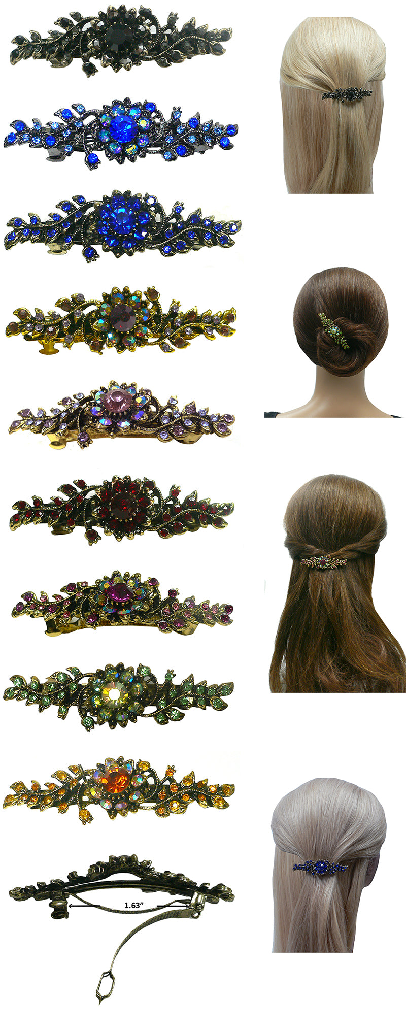 Bella Set of 9 Crystal Barrettes for Women Girls 1 Ea. of 9 Colors 5A86600-1-9